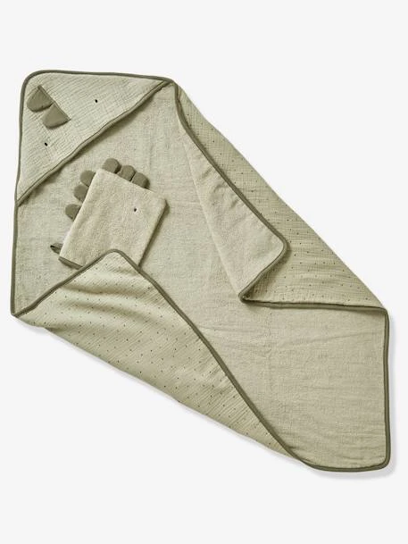 Bath Cape In Cotton Gauze + Bath Mitt For Babies, Little Dino Theme – Image 4