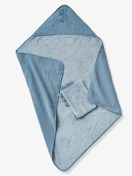 Bath Cape In Cotton Gauze + Bath Mitt For Babies, Little Dino Theme